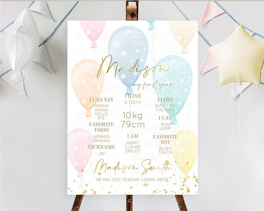 Editable Pastel Balloons First Birthday Milestone Board Colorful Balloon Mil
