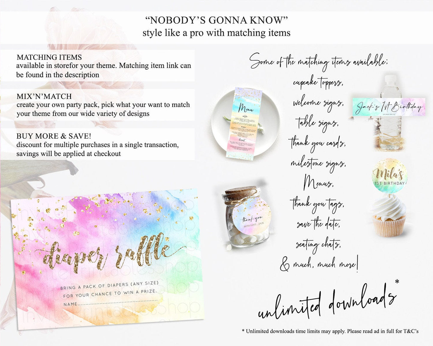 Pastel Diaper Raffle Card Pastel Rainbow Diaper Raffle Insert Colorful Ombre Watercolor Diaper Ticket Confetti Glitter Raffle Game D10450