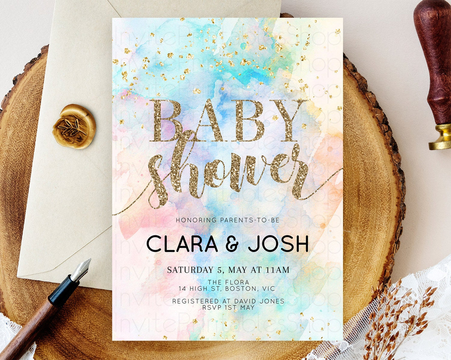 Pastel Rainbow Baby Shower Invitation, Pastel Watercolor, Colorful Ombre Splash with Gold Glitter - Teal Blue, Orange, Yellow Pink D10261