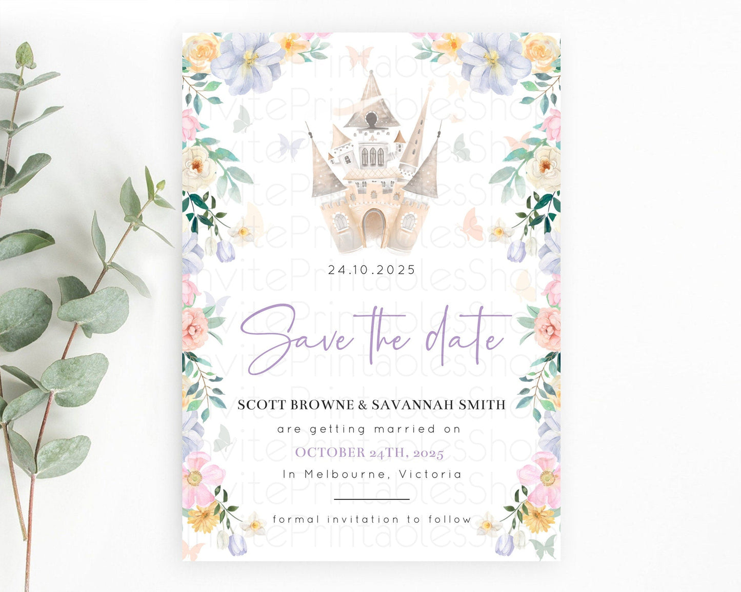 Princess Save The Date Template Secret Garden Enchanted Castle Pastel Floral Royal Party For 1st Birthday Baptism Baby Shower D10473