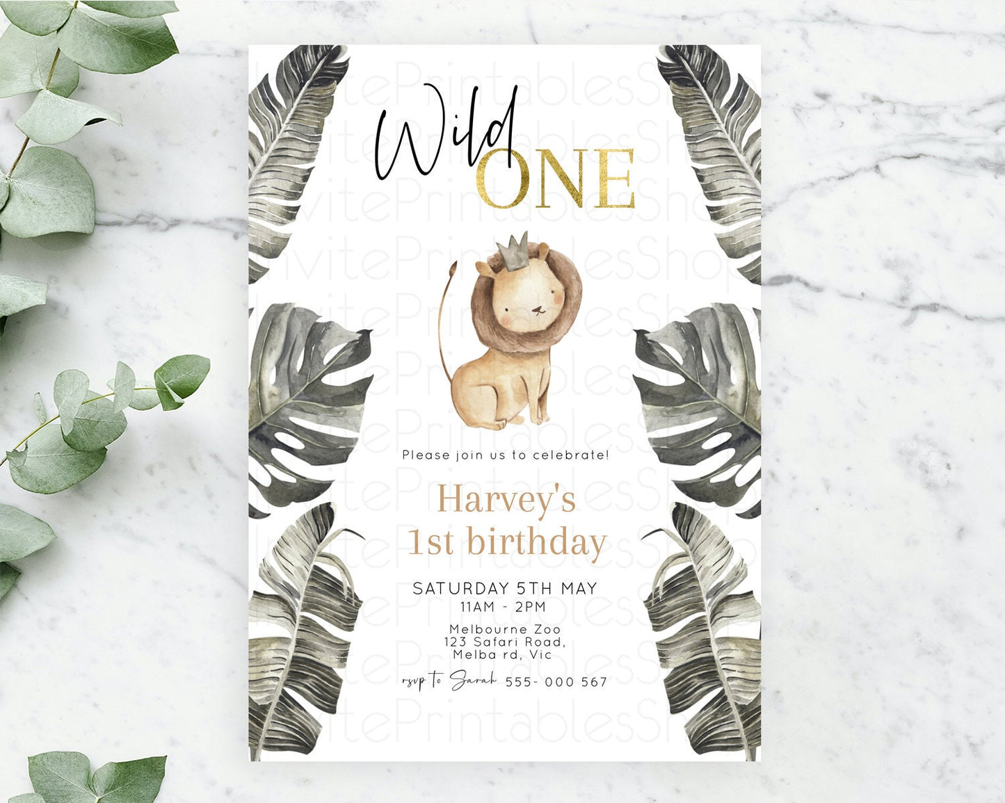 Safari Birthday Invitation Lion Gorilla Elephant Rhino Tropical Palm Jungle Safari Adventure Zoo Party Animal 2nd 1st First Birthday D10599