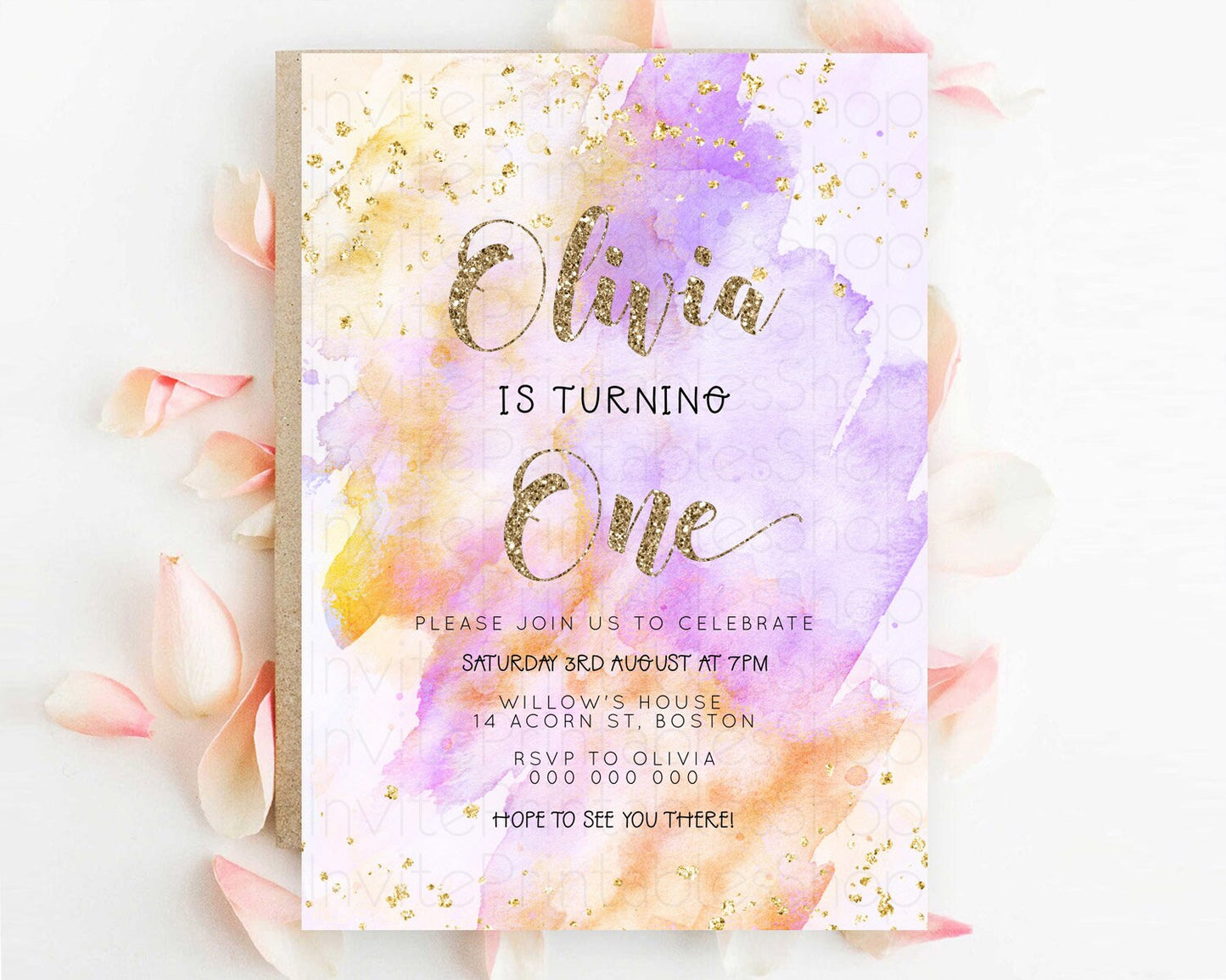 Rainbow Birthday Invitation Colorful Pastel Watercolor Invitation Gold Glitter Sprinkles Ombre Pastel 1st 2nd 3rd Birthday D23300