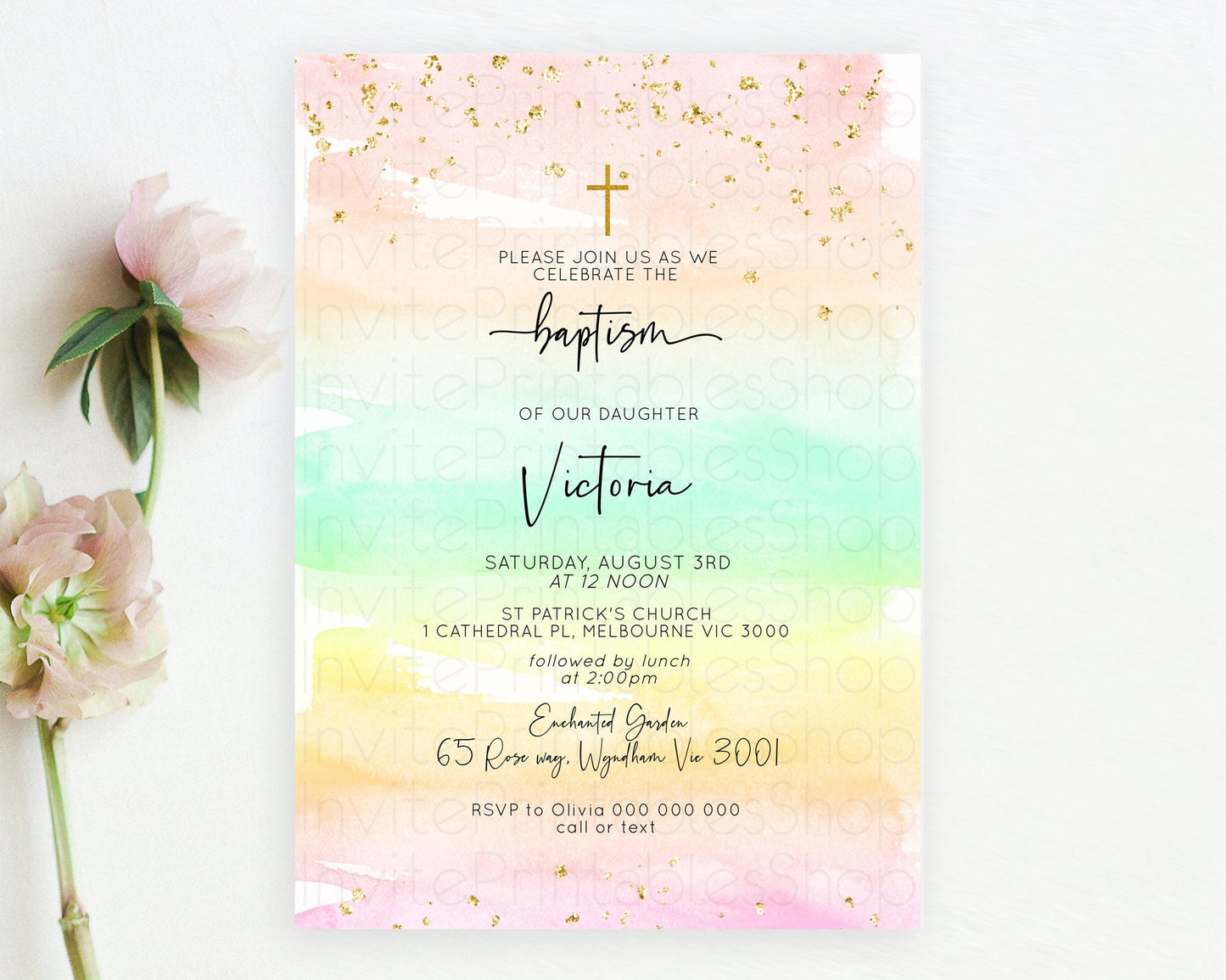 Pastel Baptism Invitation Pastel Colors Watercolor Baptism 1st Birthday Party Gold Ombre Pastel Rainbow Christening Holy Communion D10591