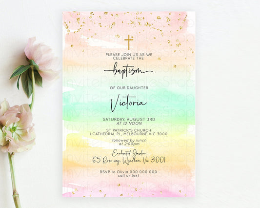 Pastel Baptism Invitation Pastel Colors Watercolor Baptism 1st Birthday Party Gold Ombre Pastel Rainbow Christening Holy Communion D10591