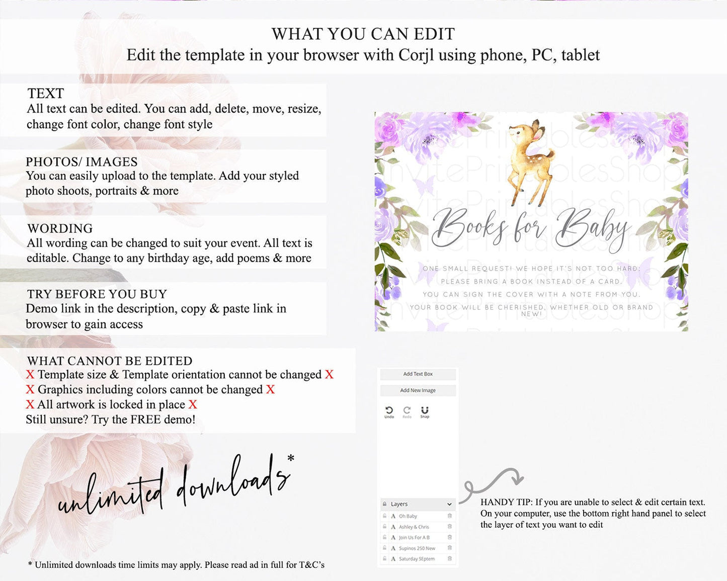 Fawn Books For Baby Card Deer Book Insert Floral Deer Book Card Enchanted Forest Butterfly Pastel Baby Shower Book Poem Request D10916