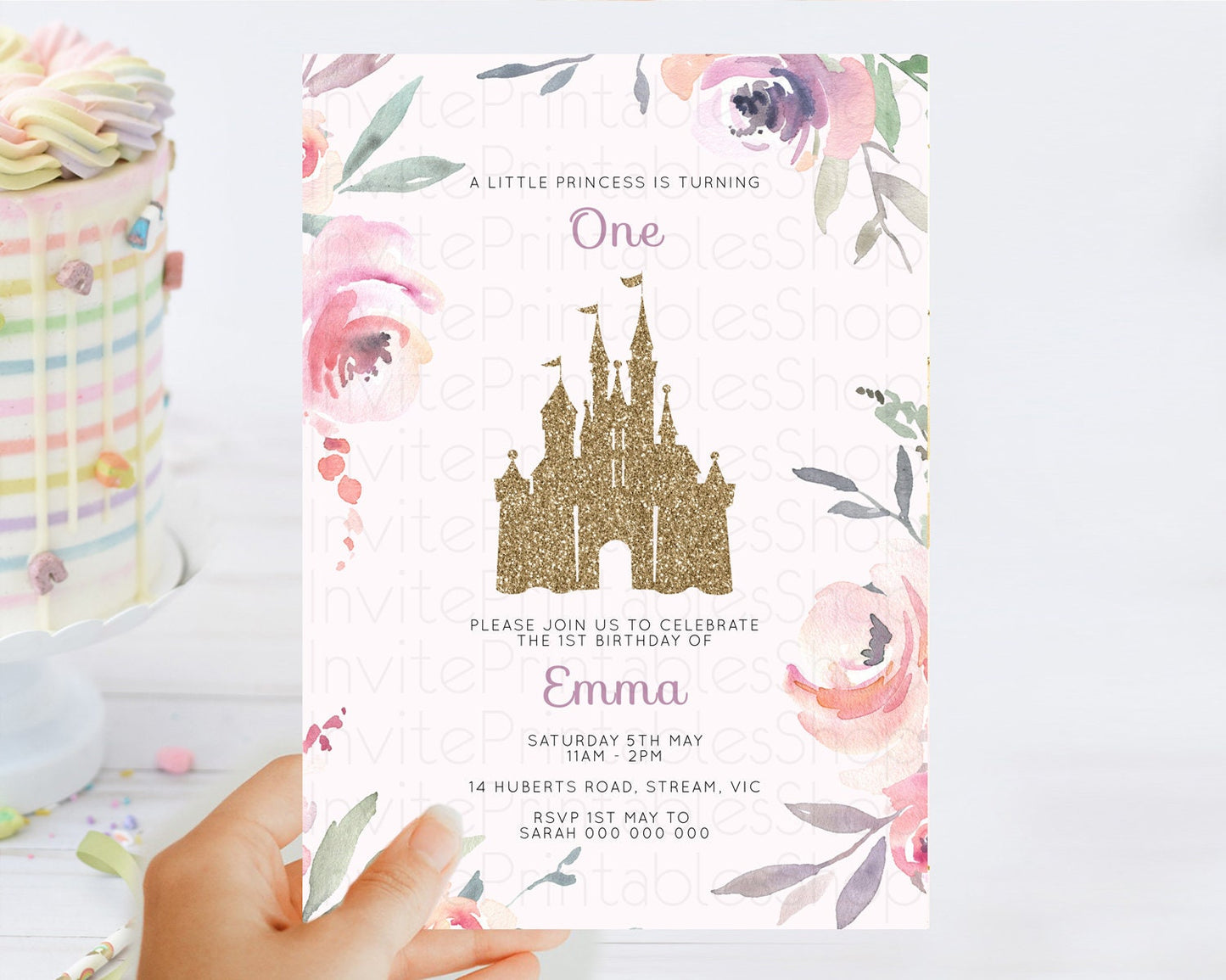 Princess Birthday Invitation Castle Invitation Royal Birthday Fairy Tale Enchanted Castle Pastel Floral Garden 1st First Birthday D10195