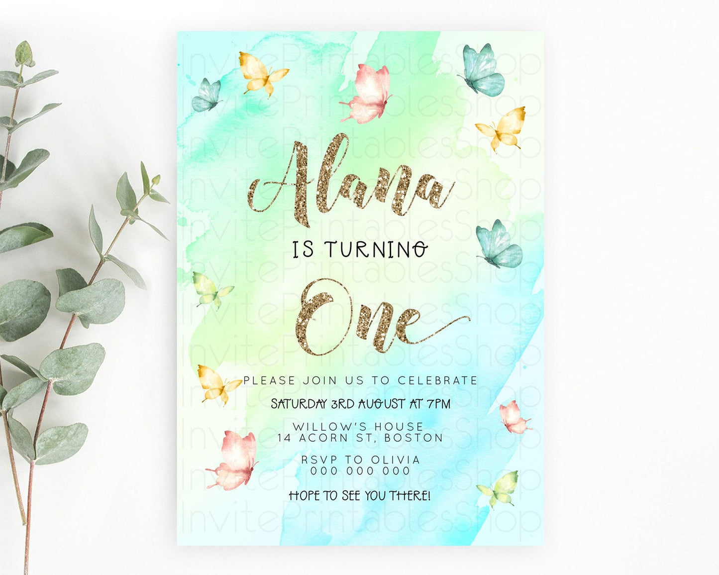 Pastel Butterfly Birthday Invitation Butterfly Birthday Invitation Colorful Splash Glitter Butterfly Garden 1st 2nd Birthday D23240