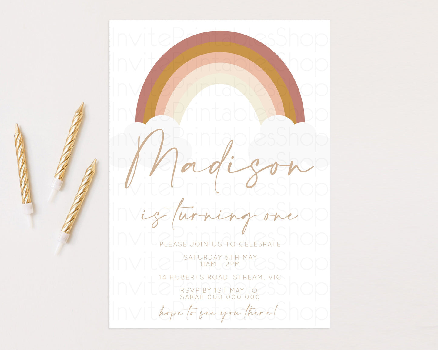 Boho Rainbow Birthday Invitation Pastel Invitation Heart Rainbow Invite Watercolor Orange Brown Earthy Clouds 1st 2nd 3rd Birthday 190