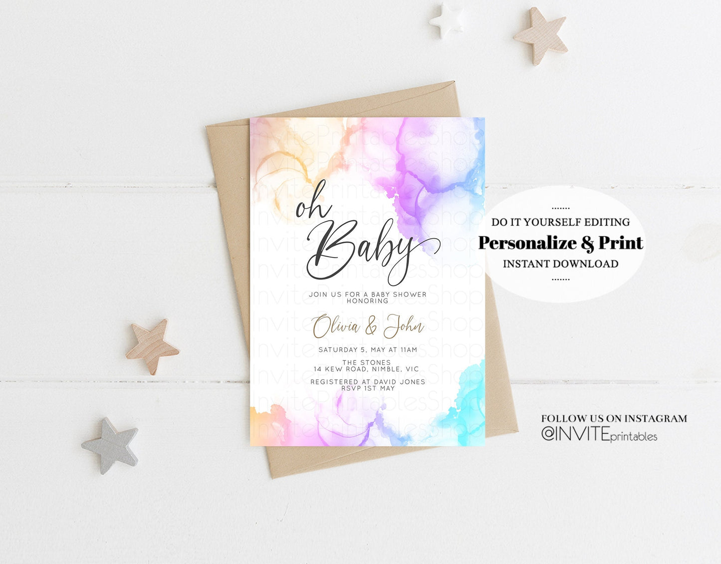 Rainbow Baby Shower Invitation Pastel Colorful Watercolor Ink Splash Gold Glitter Foil Sprinkles Confetti Gender Neutral Editable Invite