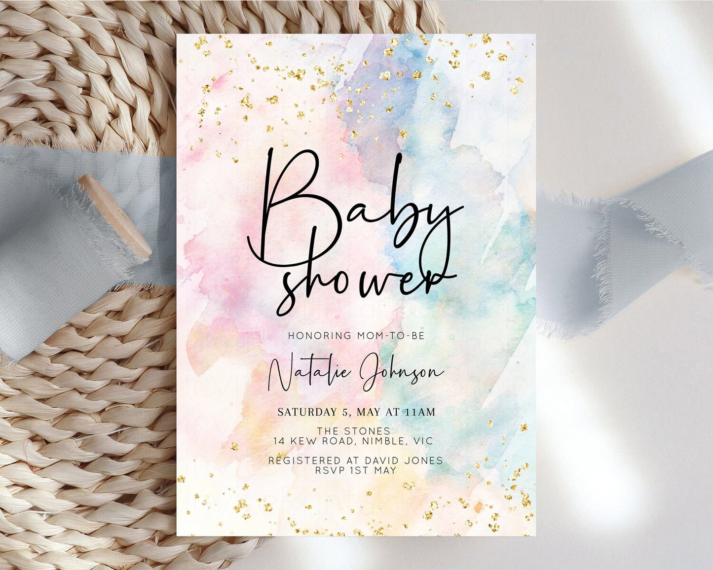 Rainbow Baby Shower Invitation Pastel Baby Shower Invitation Watercolor Ombre Invitation Rainbow Pastel Colors Invite Glitter Confetti 276