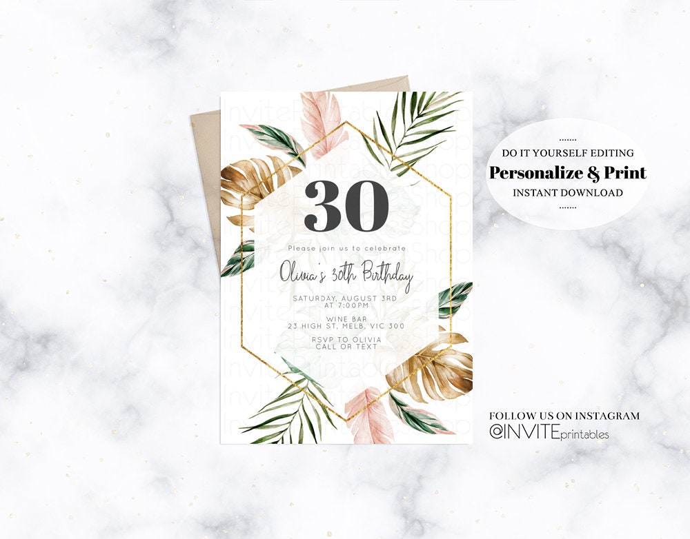 30th Tropical Birthday Invitation Tropical Invite Fan Palm Banana Leaf Hawaii Floral Bouquet Greenery Gold Pink Grey Watercolor hpt34