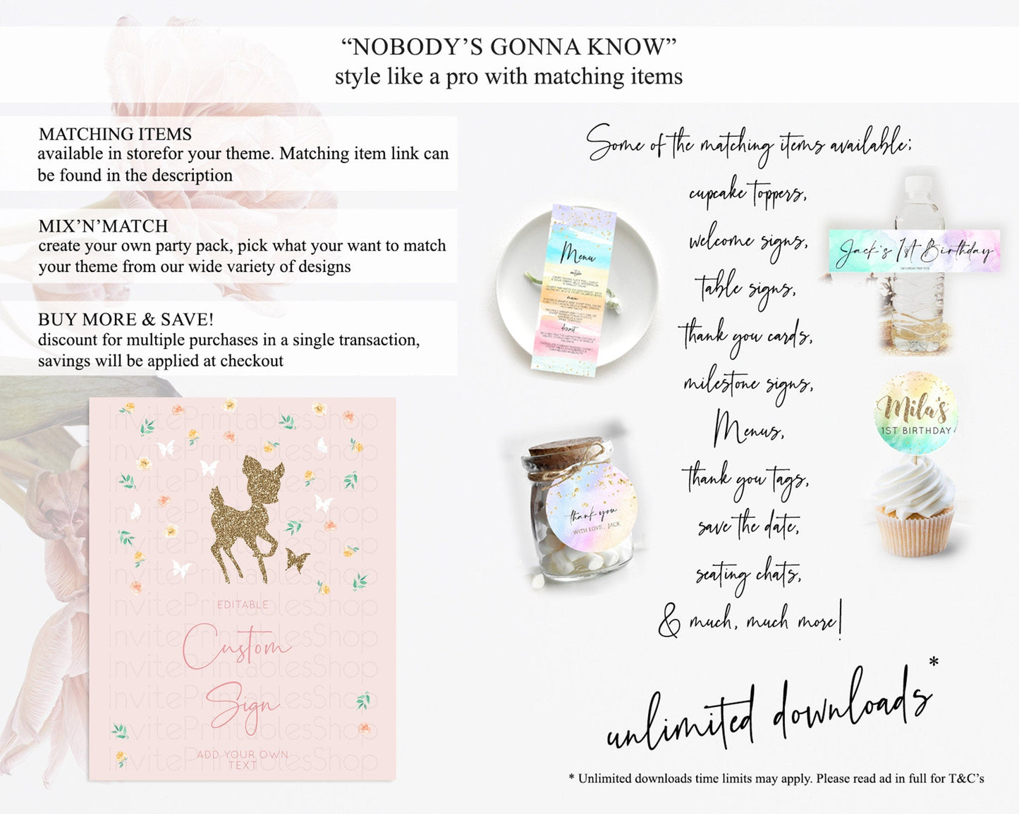 Fawn Deer Sign Pastel Floral Deer Table Sign Decor Enchanted Forest Butterfly Party 1st Birthday Baptism Baby Shower Bridal Shower D10386