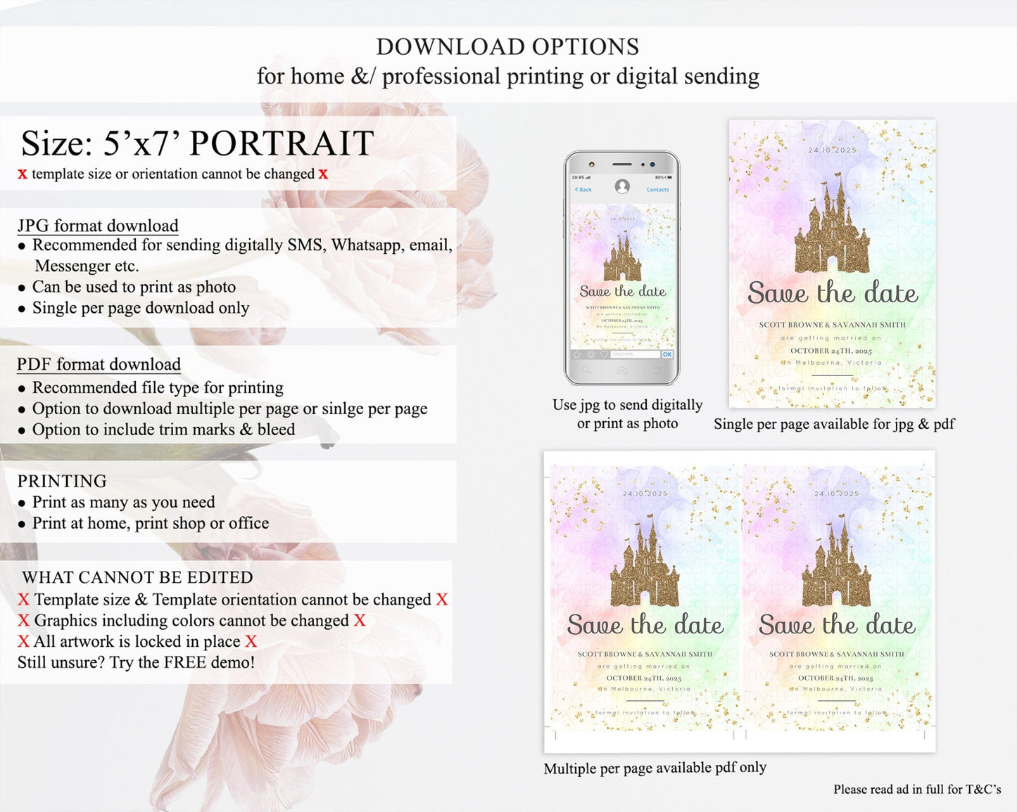Princess Save The Date Pastel Watercolor Ombre Princess Party Rainbow Colorful Enchanted Castle 1st Birthday Baptism Baby Shower D10658