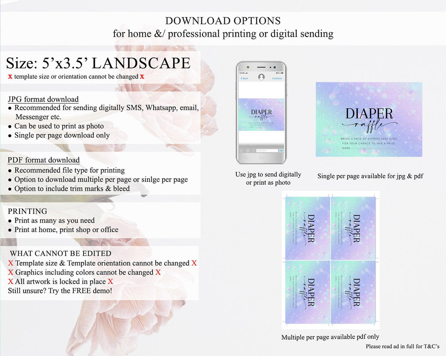 Rainbow Diaper Raffle Card Pastel Diaper Insert Colorful Pastel Watercolor Ombre Diaper Ticket Iridescent Sprinkles Raffle Game D10663