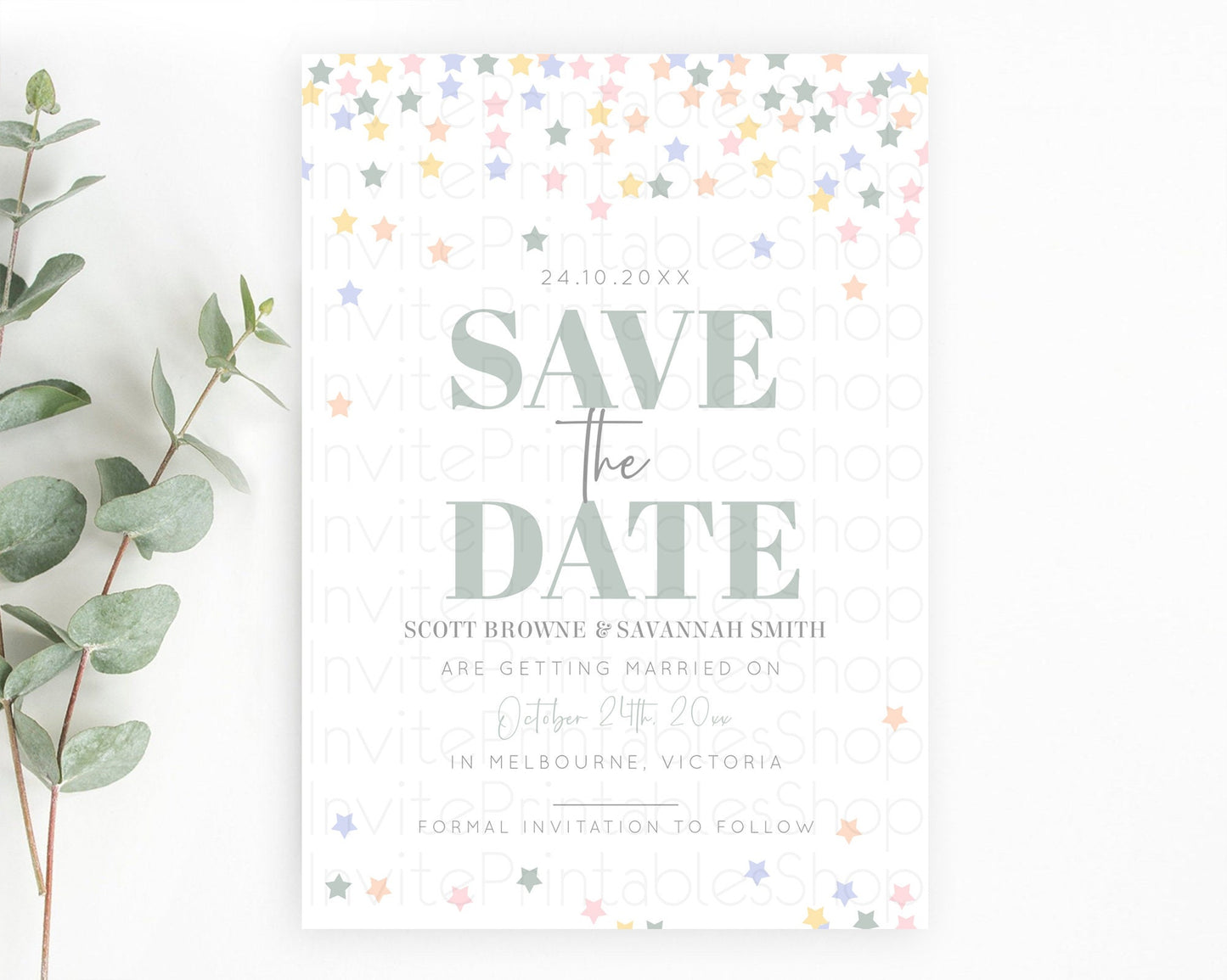 Twinkle Stars Save The Date Template Pastel Twinkle Little Star Party Shooting Star Confetti Sprinkles Birthday Baptism Baby Shower D10795