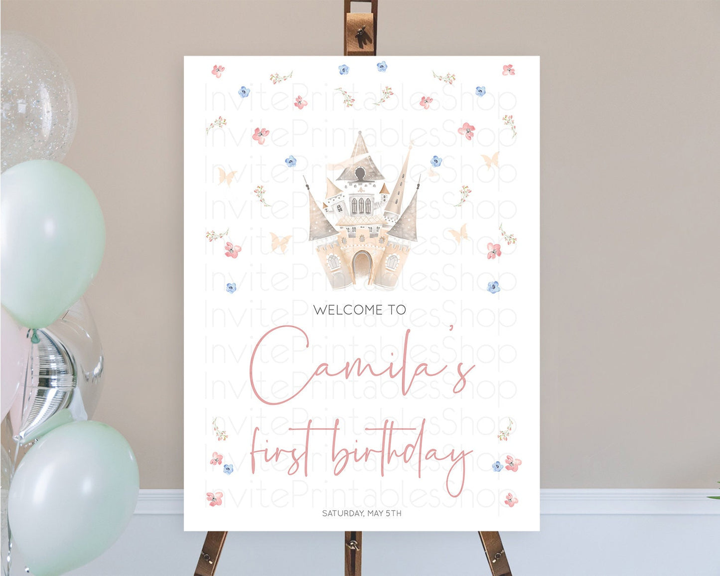 Princess Birthday Welcome Sign Castle Welcome Board Secret Garden Enchanted Castle Pastel Floral Garden First Birthday Welcome Sign D10364