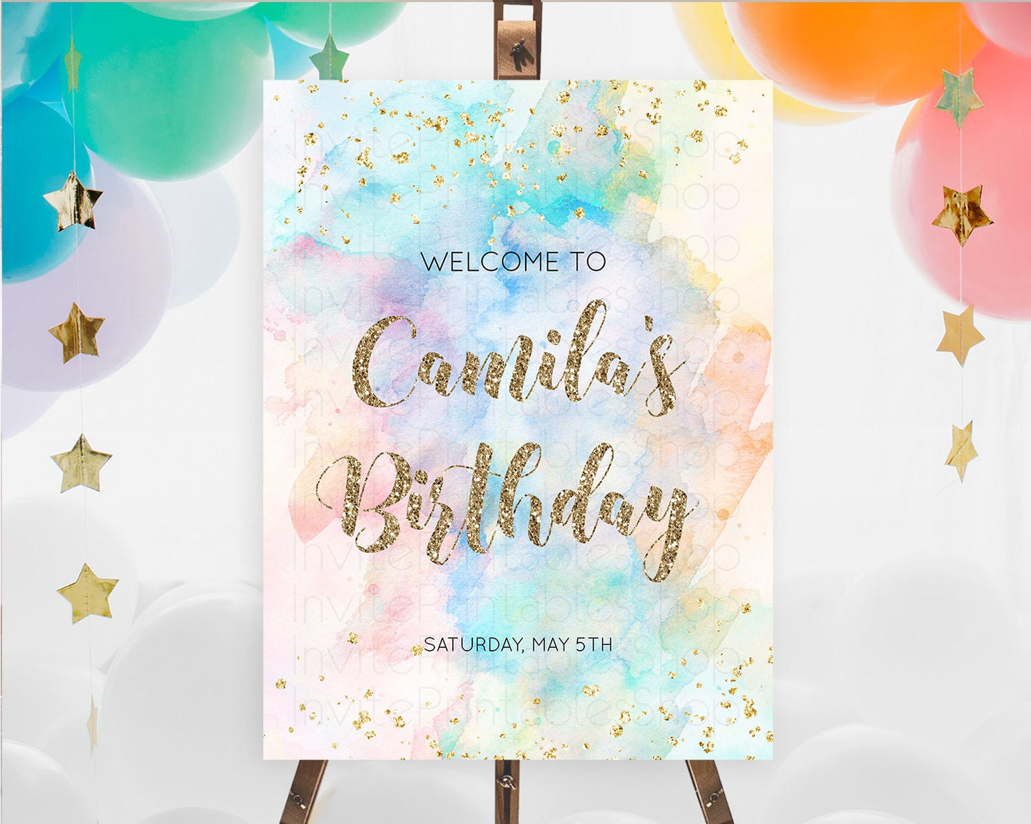 Pastel Welcome Sign Pastel Rainbow Welcome Sign Colorful Rainbow Confetti Watercolor Glitter Pastel First Birthday Welcome Sign D10261