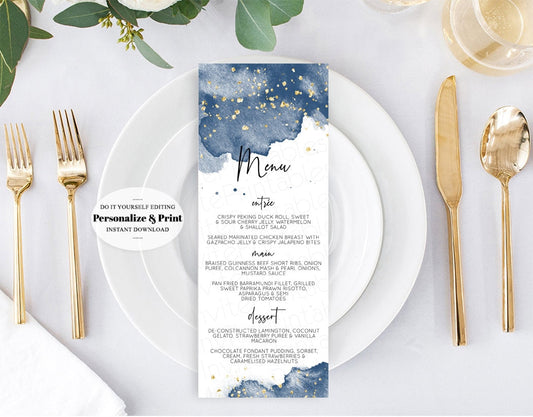 Editable Navy Gold Menu Navy Splash Table Menu Blue Watercolor Plate Table D