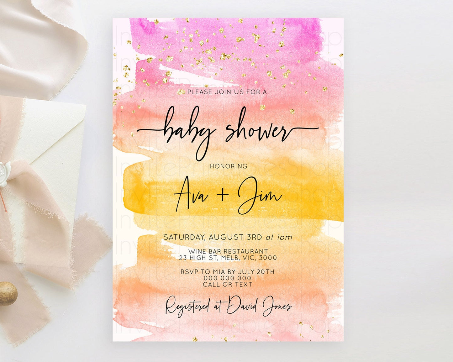 Pastel Baby Shower Invitation Rainbow Baby Shower Invitation Colorful Pastel Watercolor Invitation Gold Glitter Sprinkles Ombre D10520