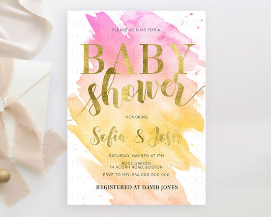 Pastel Baby Shower Invitation Rainbow Baby Shower Invitation Colorful Pastel Watercolor Invitation Gold Glitter Sprinkles Ombre D10526