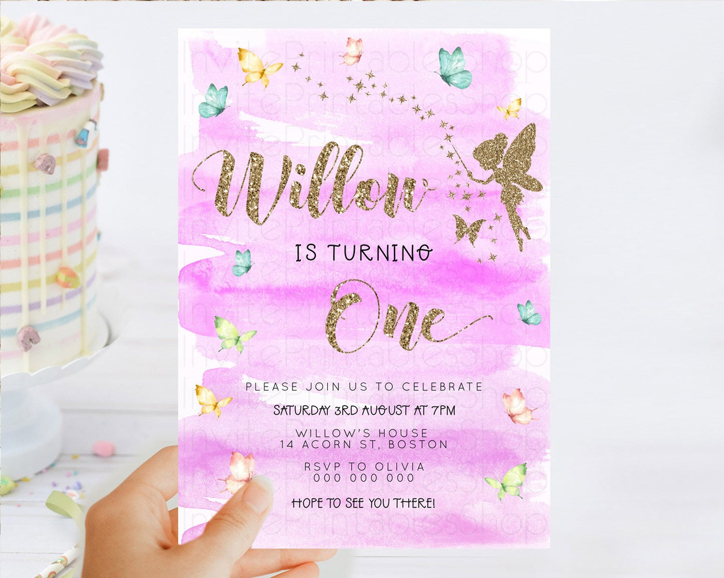 Pastel Fairy Birthday Invitation Pastel Butterflies Fairy Birthday Invitation Rainbow Ombre Watercolor 1st 2nd Birthday Invitation D23326