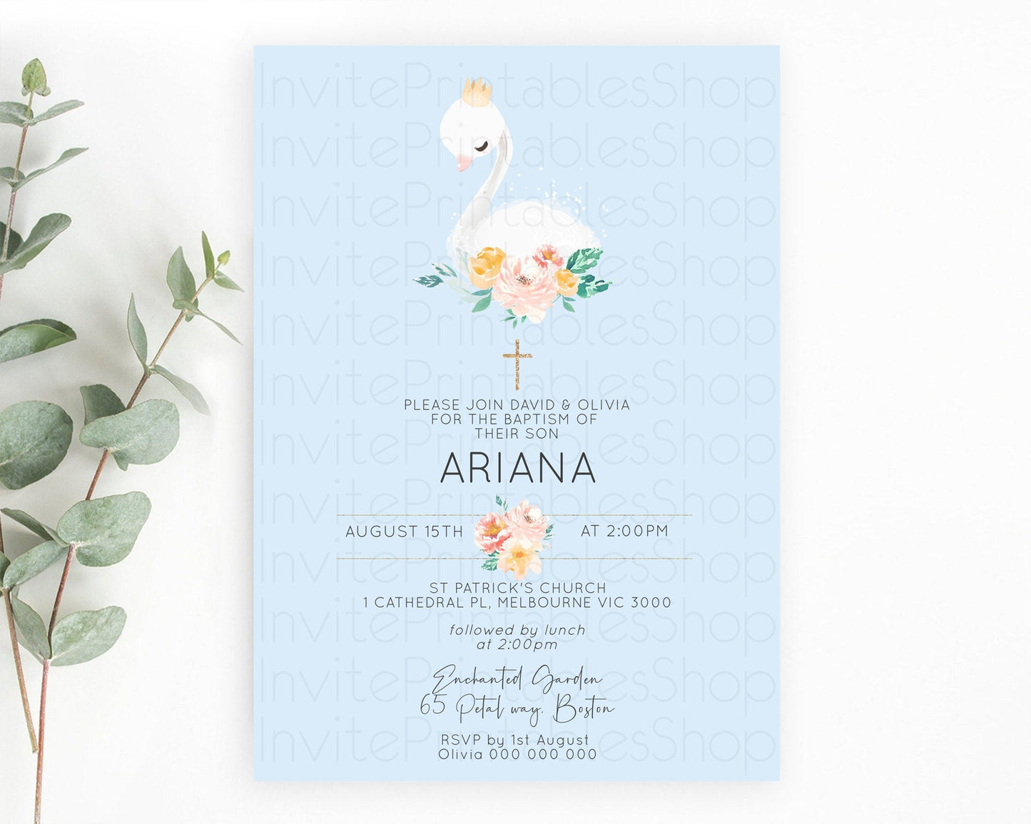 Swan Lake Baptism Invitation Swan Princess Ballet Baptism 1st Birthday Enchanted Forest Secret Garden Watercolour Pastel Floral D10903