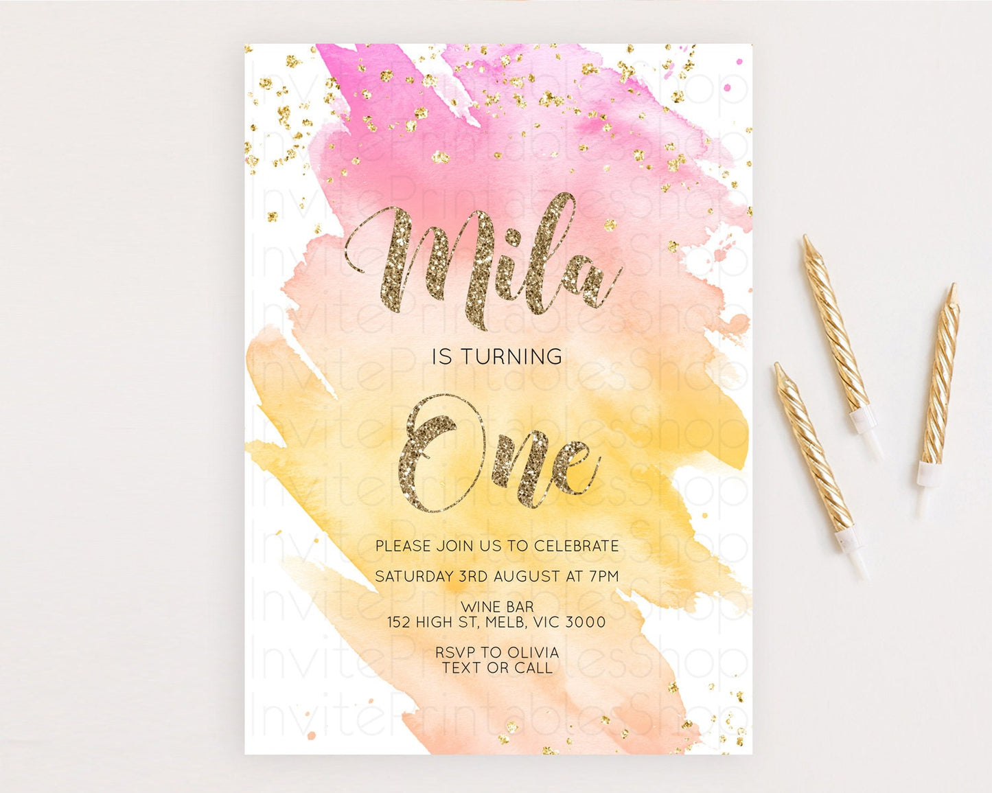 Rainbow Birthday Invitation Colorful Pastel Watercolor Invitation Gold Glitter Sprinkles Ombre Pastel 1st 2nd 3rd Birthday D10526