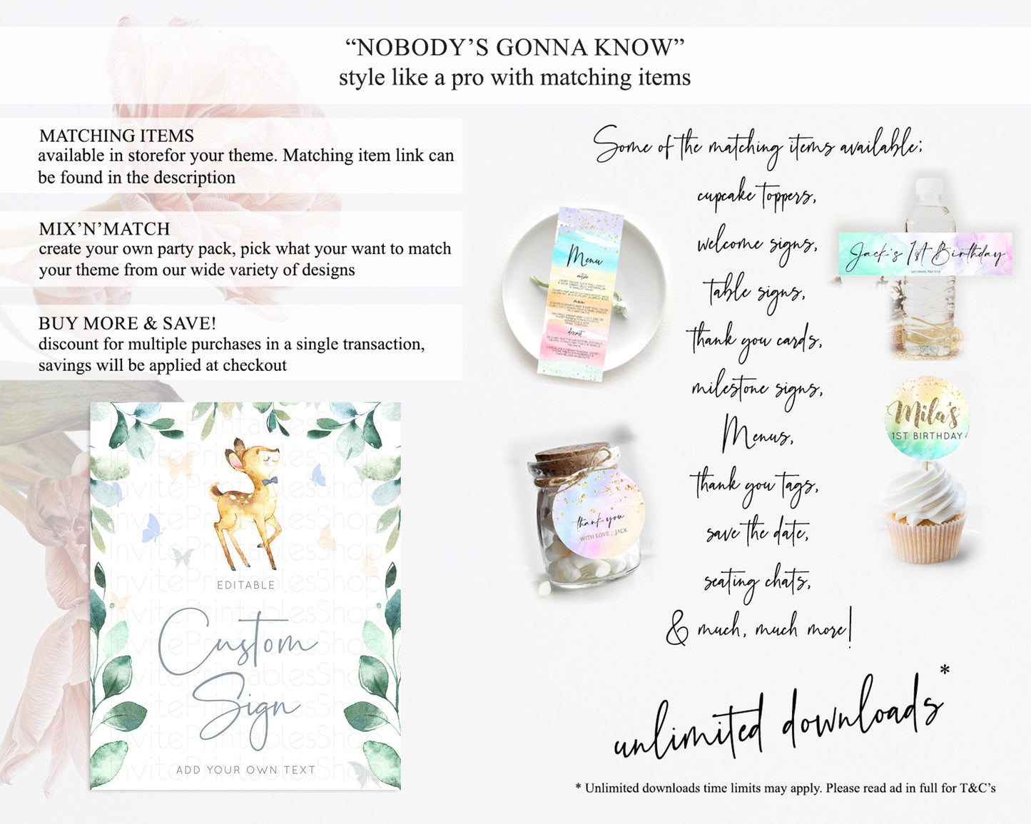 Fawn Deer Sign Pastel Floral Deer Table Sign Decor Enchanted Forest Butterfly Party 1st Birthday Baptism Baby Shower Bridal Shower D10767