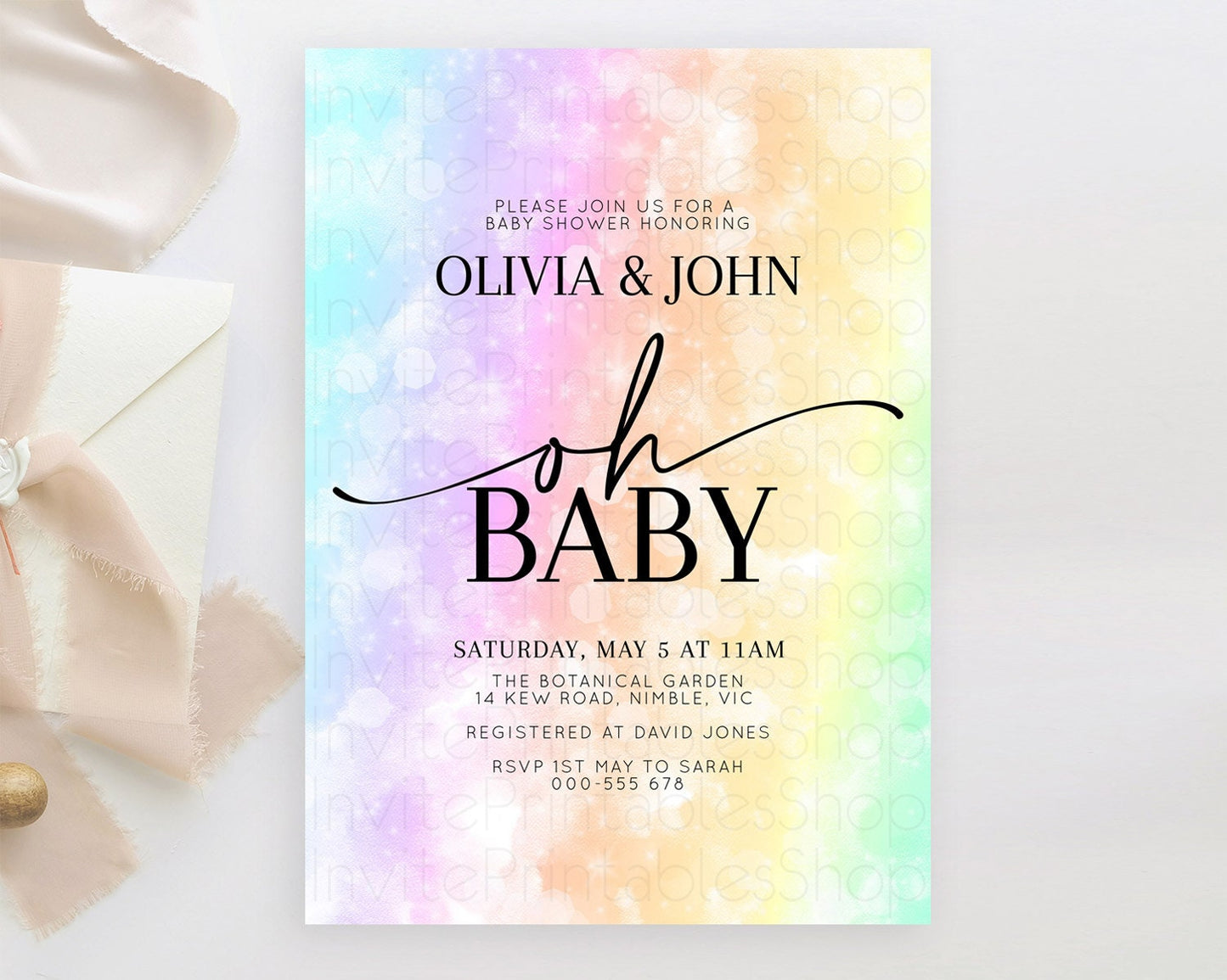 Pastel Baby Shower Invitation Rainbow Baby Shower Invitation Colorful Pastel Watercolor Invitation Gold Glitter Sprinkles Ombre D10647
