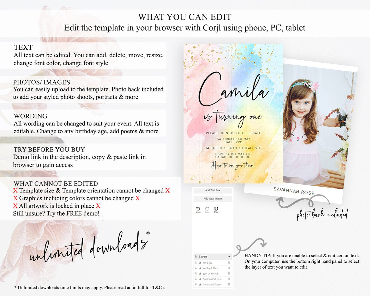 Rainbow Birthday Invitation Colorful Pastel Watercolor Invitation Gold Glitter Sprinkles Ombre Pastel 1st 2nd 3rd Birthday D10557
