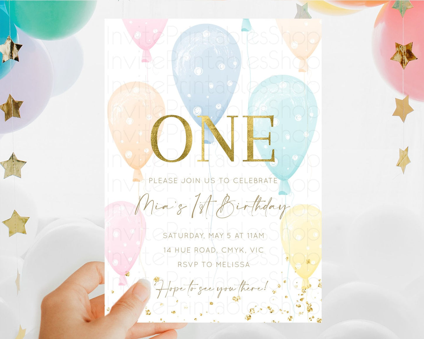 Balloon Birthday Invitation Pastel Birthday Invitation Pastel Balloon Invites Colorful Pastel Rainbow Balloon 3rd 2nd First Birthday D10182