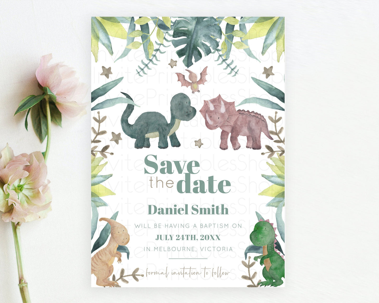 Dinosaur Save The Date Template Dinosaur Volcano Watercolor Volcano T-Rex Raptor Jurassic Party 1st Birthday Baptism Baby Shower D10597