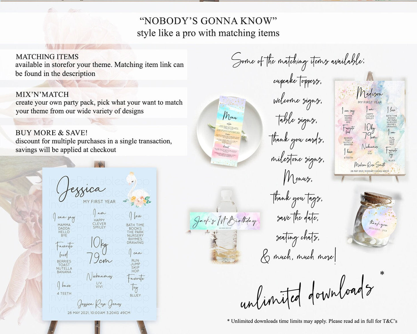 Swan First Birthday Milestone Poster Swan Princess Ballet Milestone Board Enchanted Forest Swan Lake Secret Garden Pastel Floral D10903
