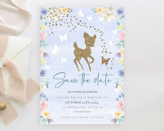 Fawn Deer Save The Date Template Pastel Floral Deer Enchanted Forest Butterfly Party 1st Birthday Baptism Baby Shower Bridal Shower D10879