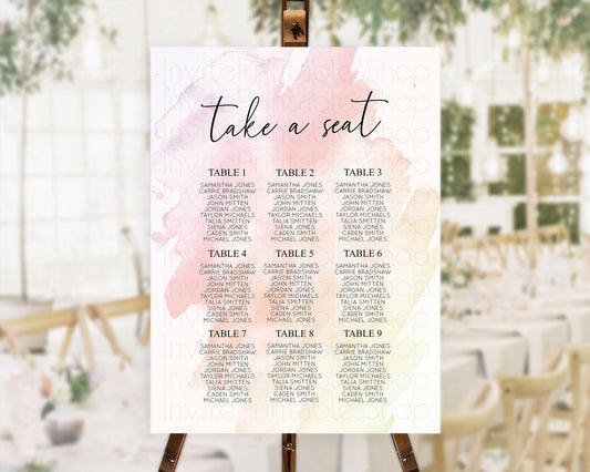 Editable Pink Seating Chart Pink Watercolor Seating Chart Pastel Pink Waterc