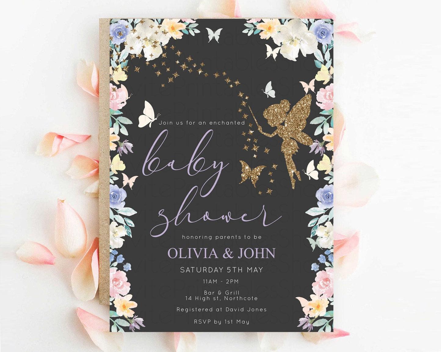 Fairy Baby Shower Invitation Pastel Fairy Invites Fairy Tea Party Fairy Garden Theme Secret Garden Enchanted Garden Floral Butterfly D10881