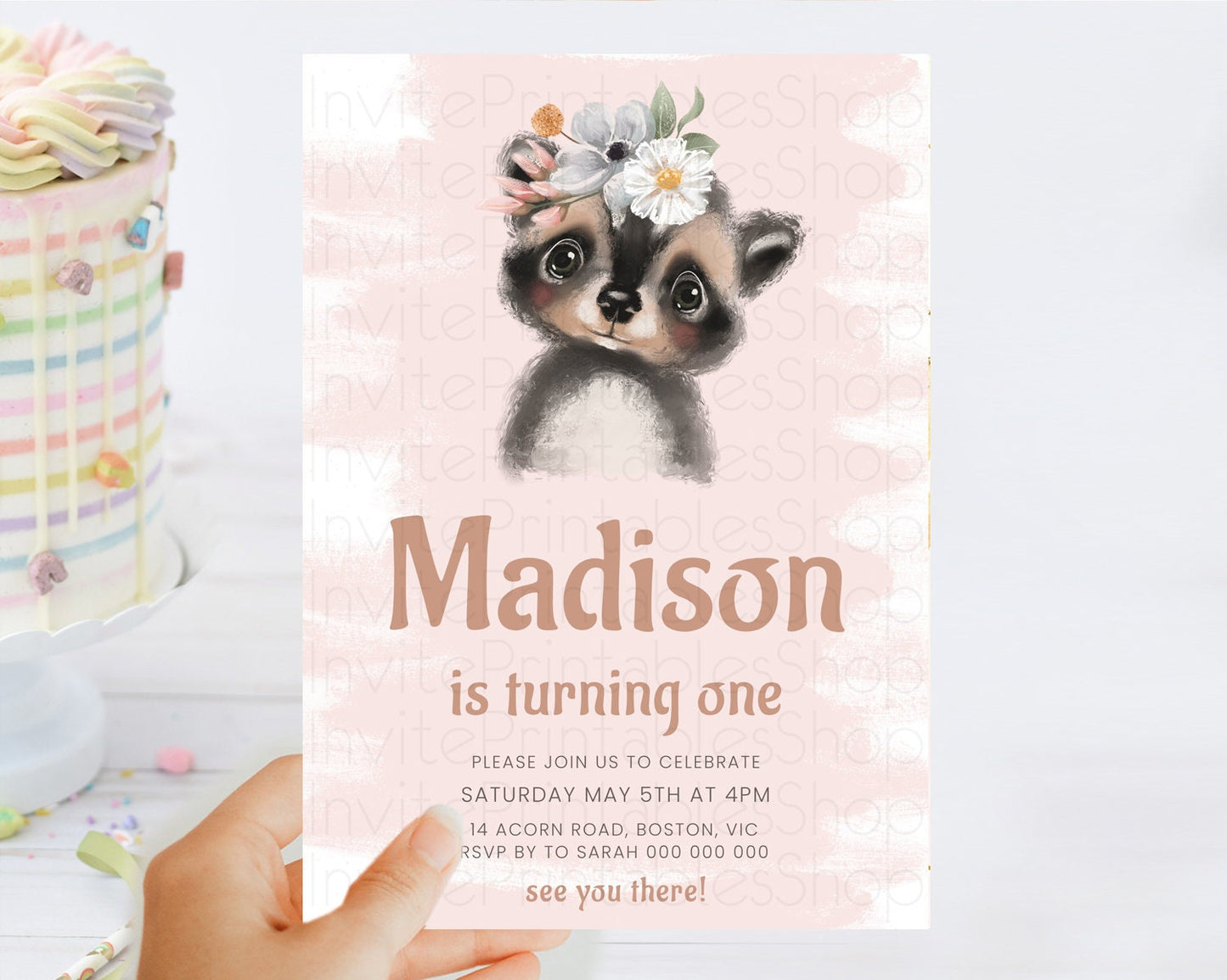 Raccoon Birthday Invitation, Enchanted Forest Adventure, Pink Woodland Theme, Baby Raccoon, 1st Birthday D10653