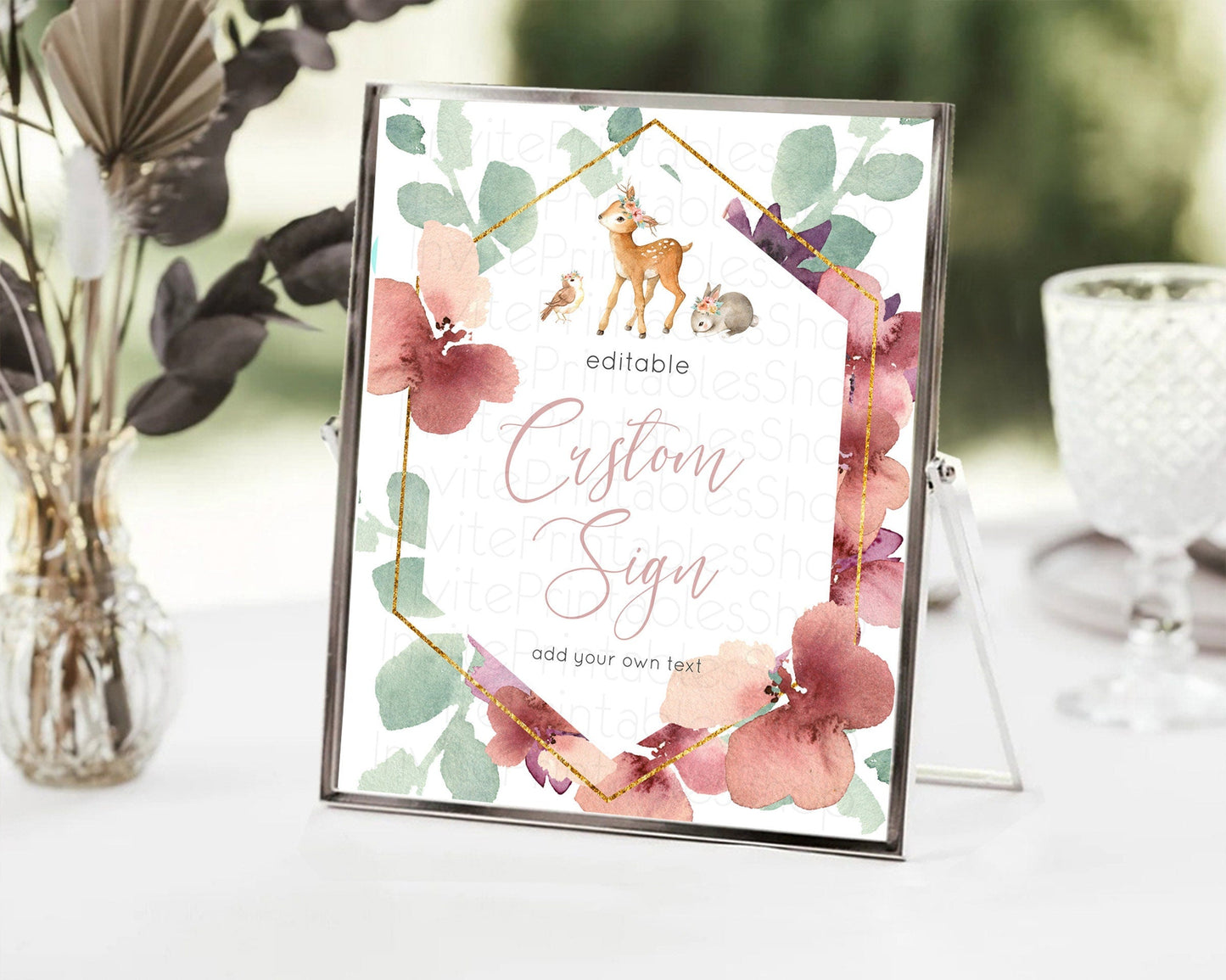Fawn Deer Sign Pastel Floral Deer Table Sign Decor Enchanted Forest Butterfly Party 1st Birthday Baptism Baby Shower Bridal Shower D10913