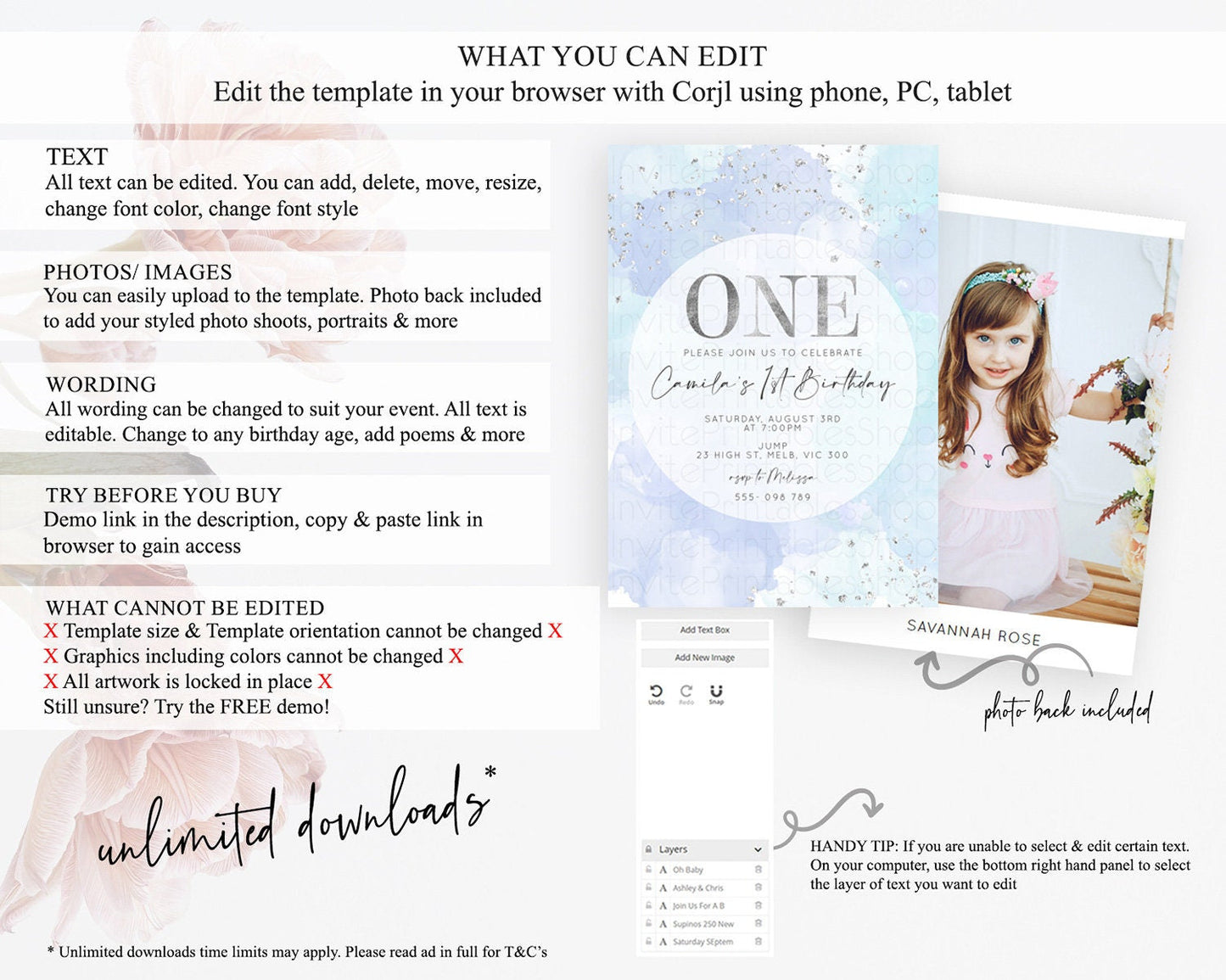 Rainbow Birthday Invitation Colorful Pastel Watercolor Silver Glitter Sprinkles Ombre Pastel Invitation 1st 2nd 3rd First Birthday D10628