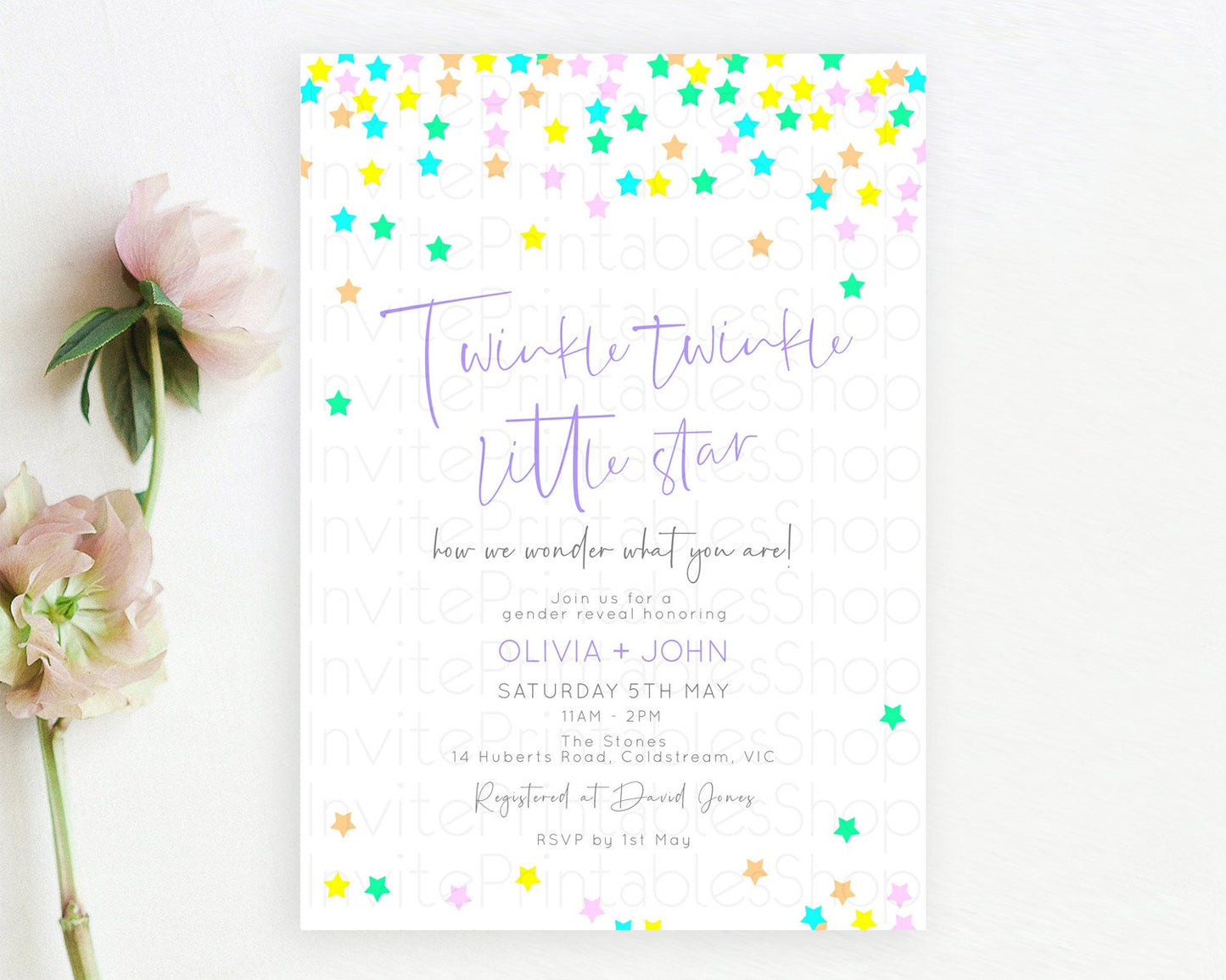 Twinkle Star Baby Shower Invitation Pastel Twinkle Star Invitation Rainbow Pastel Colorful Confetti Twinkle Little Star Baby Shower D10395