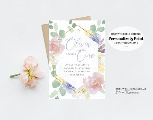 Wildflower 1st Birthday Floral Birthday Invite Pastel Floral Invite Garden Party Invite Blush Floral Invite Wild One Invite