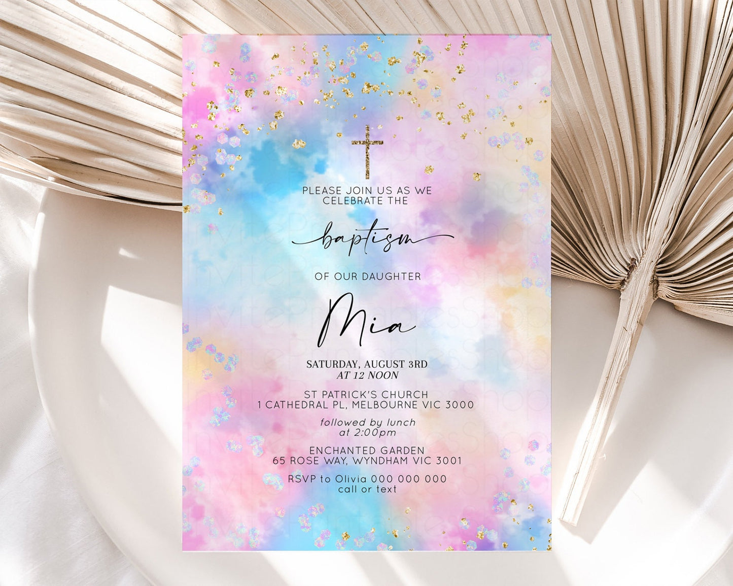 Pastel Rainbow Baptism Invitation Pastel Clouds Christening Invitation Luminous Iridescent Invite Glitter Confetti Sprinkle Gold Cross 589v4