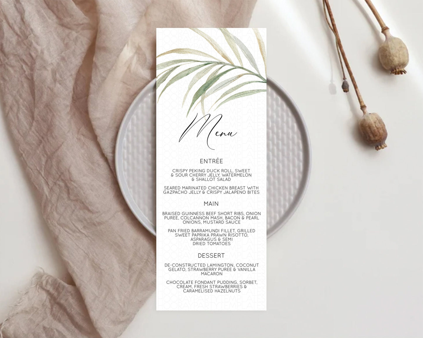 Leafy Menu Green Leaf Menu Template Eucalyptus Fern Leaves Decor Watercolor Boho Garden Leaf Branch Dinner Dessert Party Food Menu D11043