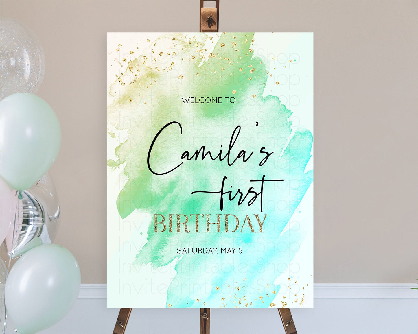 Green Welcome Sign Green Watercolor Welcome Board Pastel Green Party Decor Splash Welcome Poster First Birthday Welcome Sign D10170