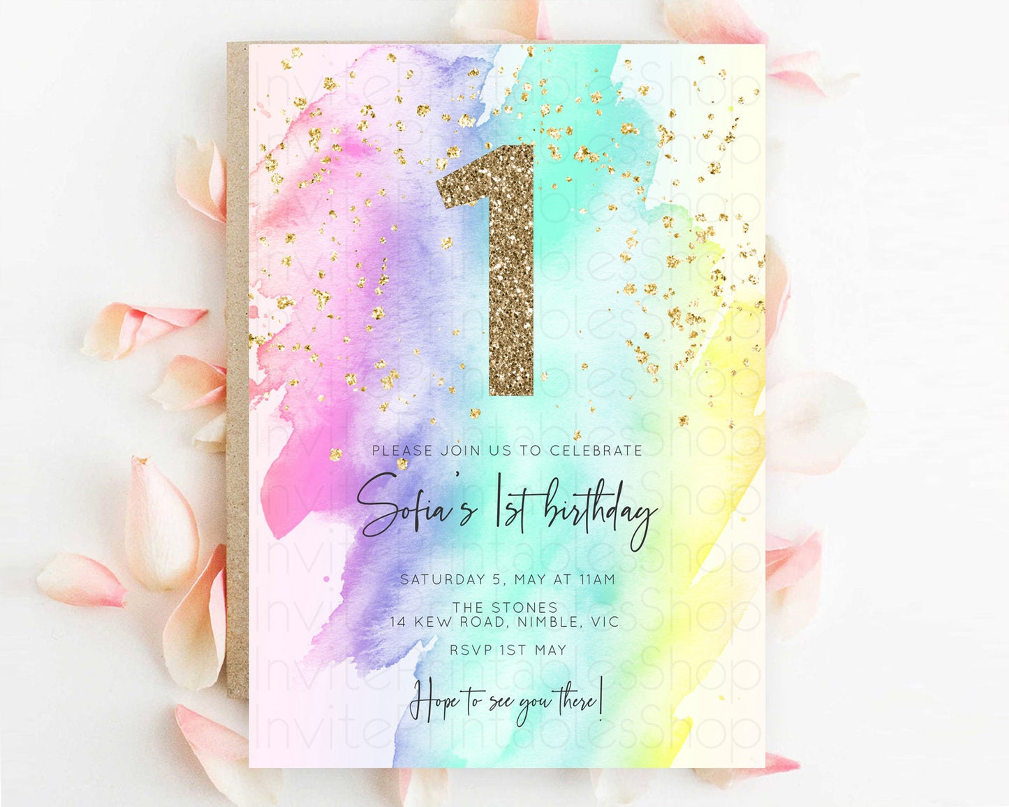 Rainbow Birthday Invitation Colorful Pastel Watercolor Invitation Gold Glitter Sprinkles Ombre Pastel 1st 2nd 3rd Birthday D10231