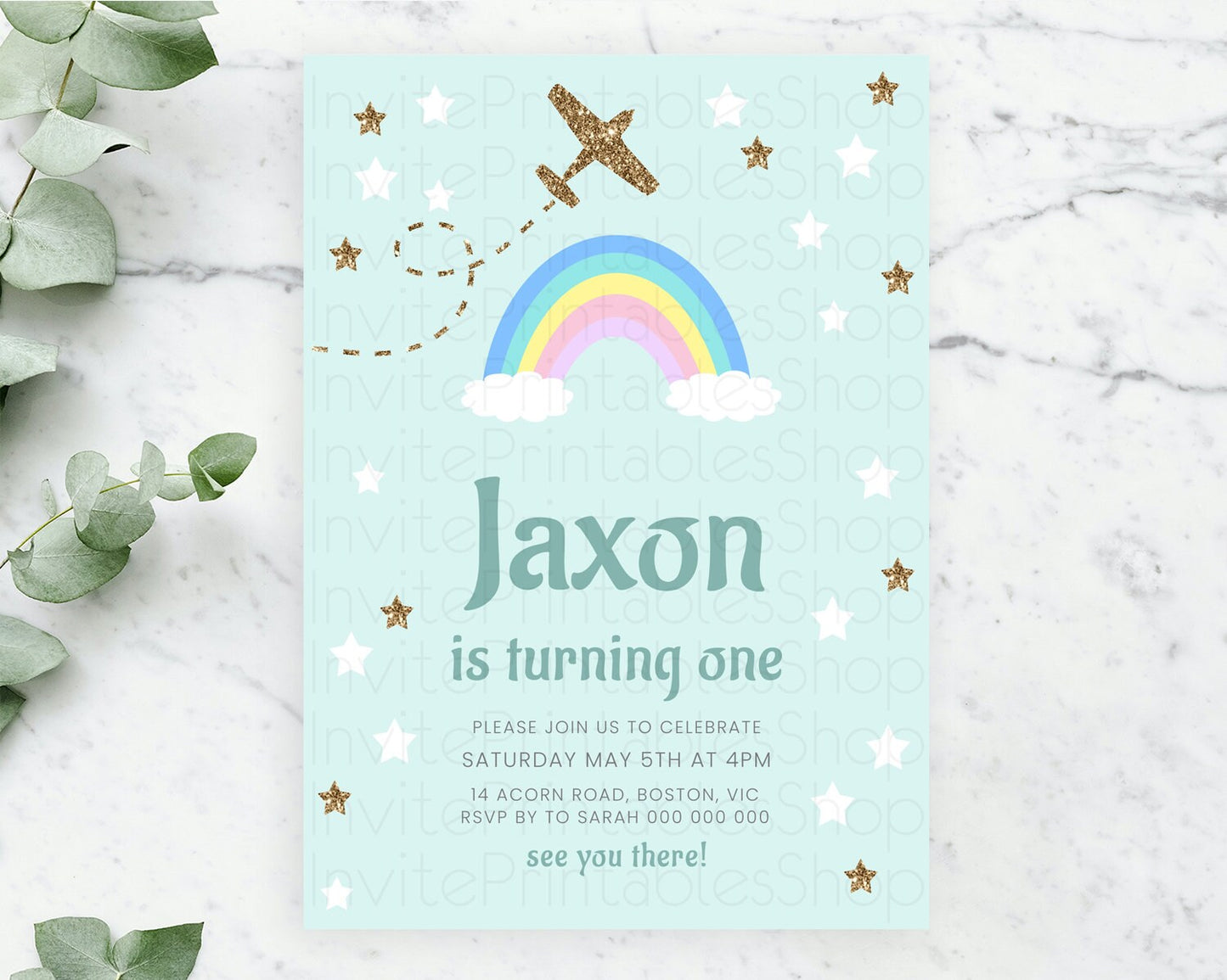 Plane Birthday Invitation Plane Invite Pastel Rainbow Clouds Stars Party Adventure Awaits Up Up Away Glitter 2nd 1st First Birthday D10296