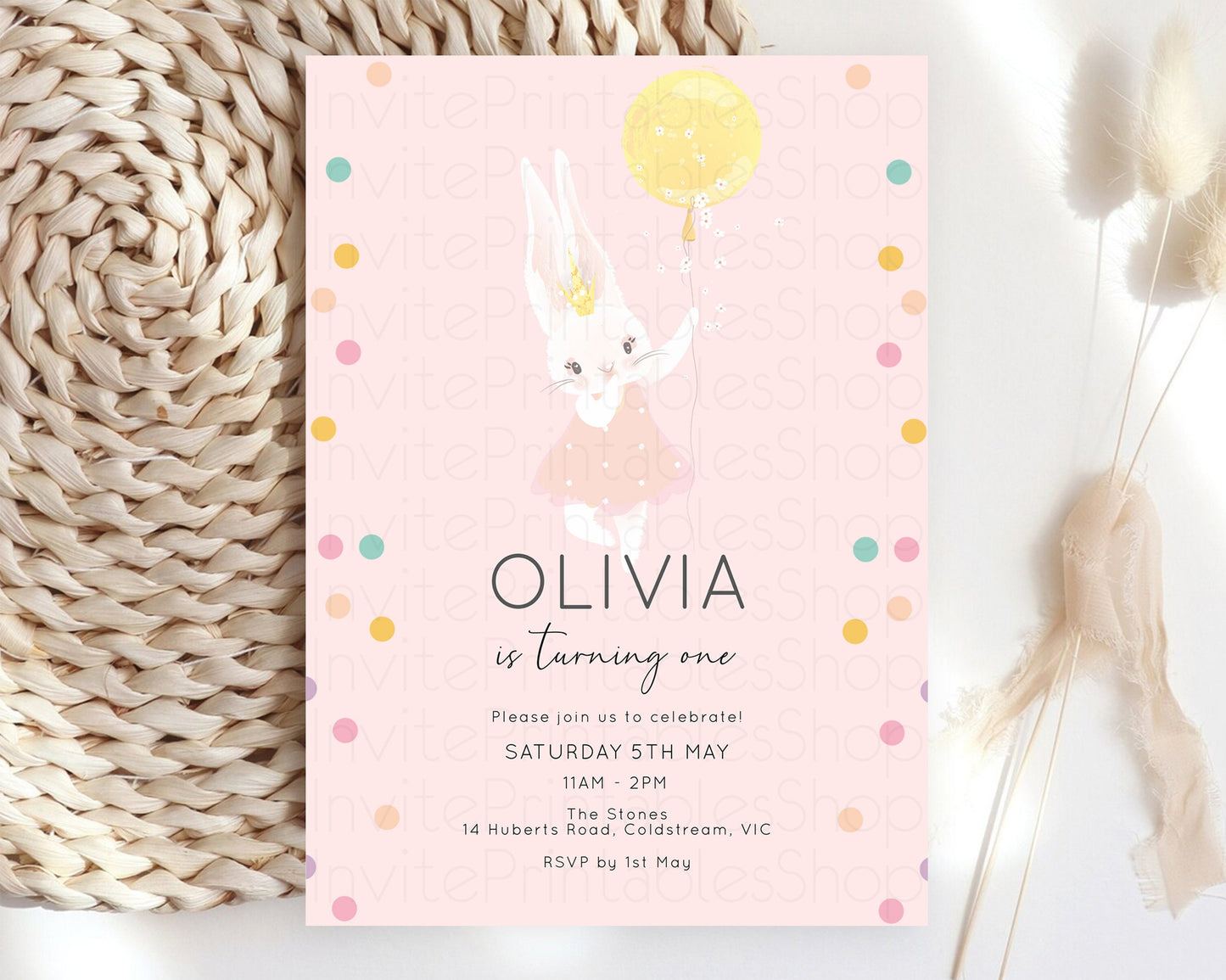 Bunny Birthday Invite Balloon Birthday Invitation Cute Bunny Rabbit Rainbow Sprinkles Confetti Pastel Confetti Pink Yellow 1st 2nd 3rd 141