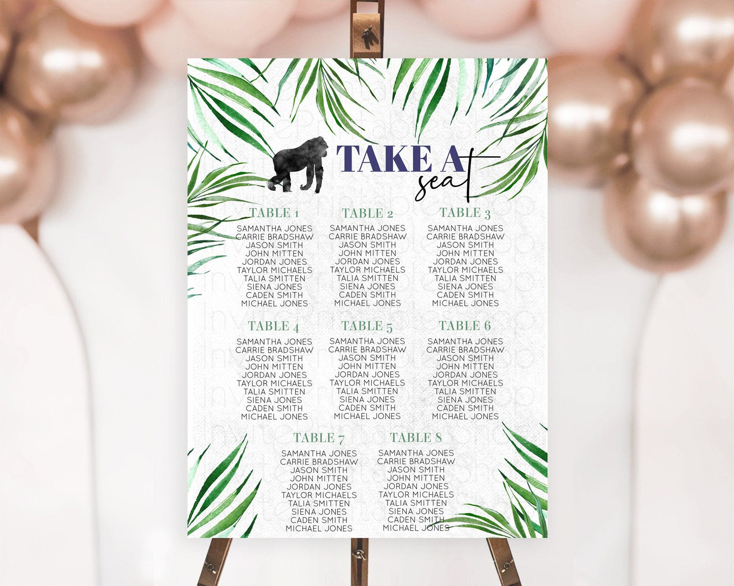 Gorilla Seating Chart Jungle Gorilla Seating Sign Gorilla Party Decor Gorilla Jungle Adventure Zoo Green Palm Leaf Fern Take A Seat D10840