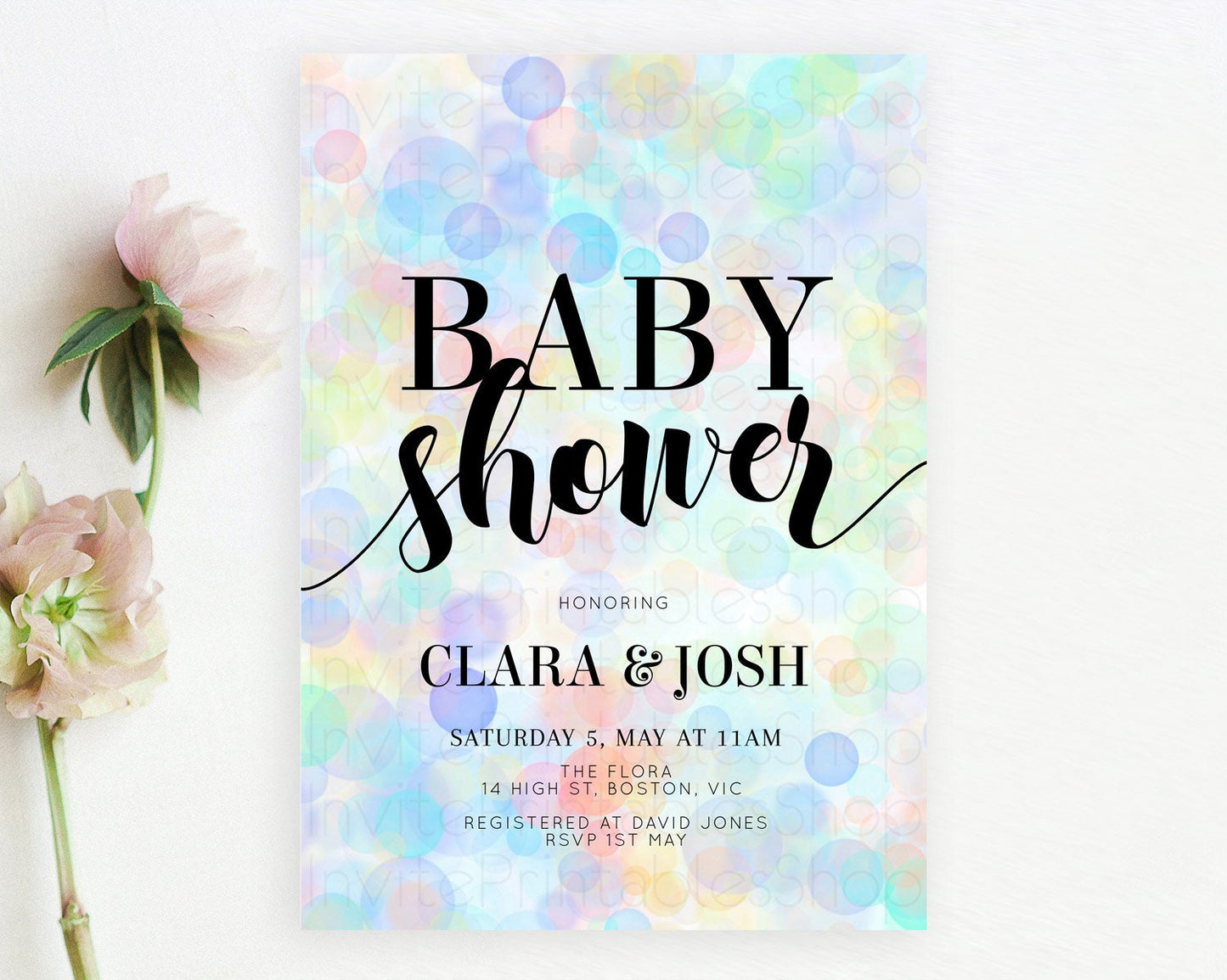 Pastel Confetti Baby Shower Invitation Bath Bomb Baby Shower Invitation Pastel Bubbles Invitation Colorful Watercolour Invitation D10447