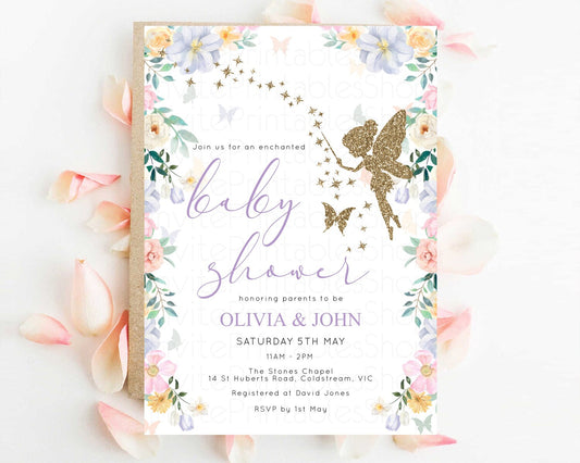 Fairy Baby Shower Invitation Fairy Garden Baby Shower Invitation Enchanted Garden Baby Shower Secret Garden Glitter Pastel Color Floral F513